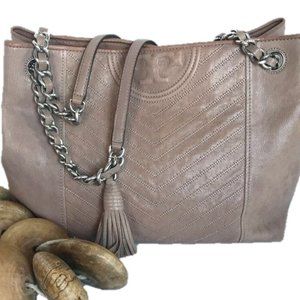 TORY BURCH DISTRESSED FLEMING CONVERTABLE SILVER CHAIN TOTE SHOULDER BAG - TAUPE